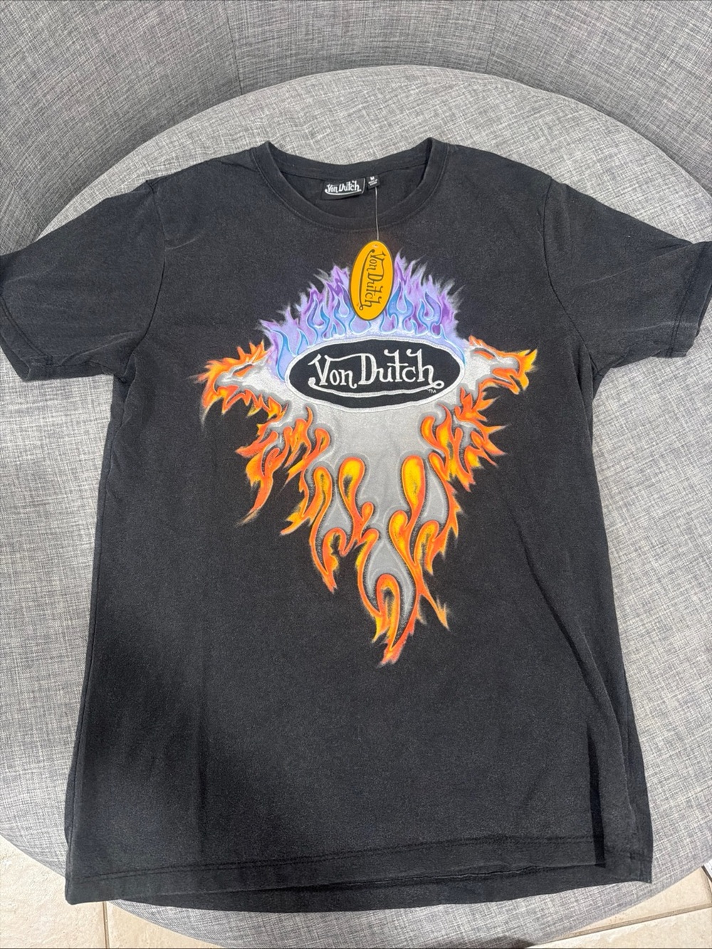 Von Dutch Black Tee with Orange & Purple Flame Graphic